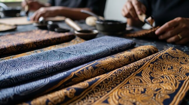 Close up shot of handcrafted indonesian batik textile fabric featuring intricate gold and dark blue patterns created by skilled artisanal workers.
