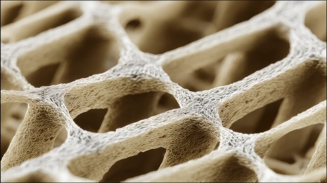 Microscopic view of intricate bone tissue structure, showcasing its porous and fibrous cellular lattice, essential for skeletal health and biological strength