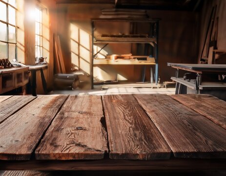 worn old wooden table and workshop interior retro vintage photo of background and mockup sun light and dark shadows