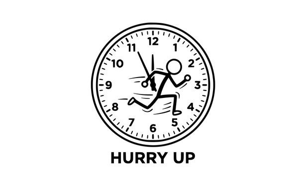 Stick figure running inside clock hurry up time management concept vector illustration