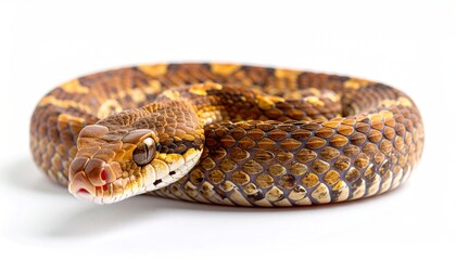 Fototapeta premium Coiled Brown Snake Resting on White Studio Background