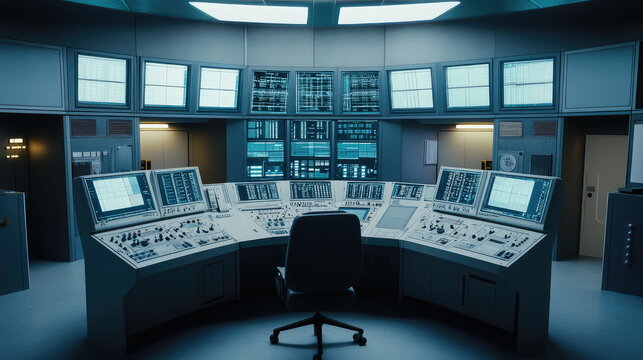 Command center control room with multiple monitors displaying data and information, featuring a central desk and chair for operational management and surveillance
