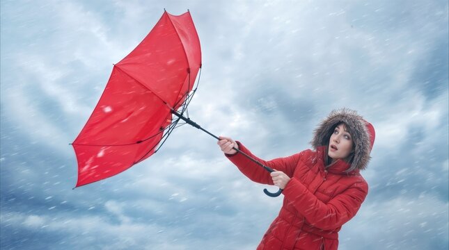 Wind-blown umbrella held by woman in red jacket during winter storm. Pedestrian facing extreme weather conditions and wind gusts.