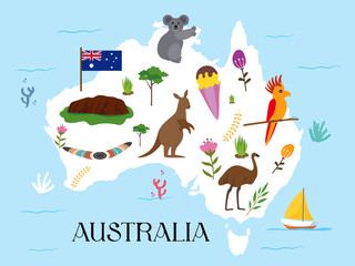 Fototapeta premium Australia famous symbol animal colorful illustration map destination travel australian
