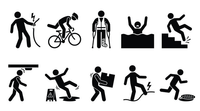 Workplace and public safety hazard icon collection, minimalist black graphical symbols, injury, accident, fall, shock, and risk