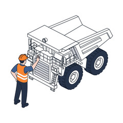 Construction worker inspecting a large mining dump truck vehicle. © pras