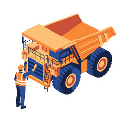 Miner Inspecting Large Mining Dump Truck Vehicle. © pras