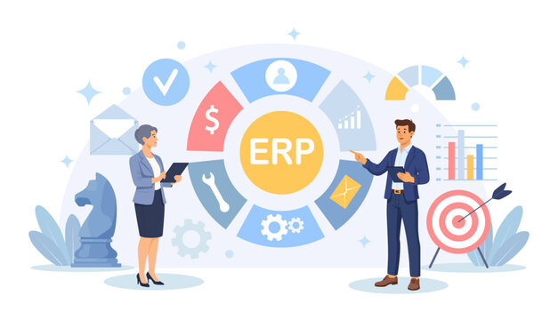 ERP Enterprise Resource Planning, Productivity. Business Integration, Productivity and Company Enhancement. Business Character Consulting of Financial Operation. Vector Illustration