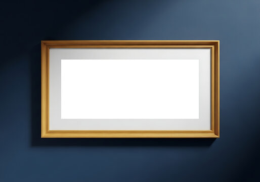 Empty horizontal wooden picture frame hanging on a dark blue wall with subtle lighting template horizontal background copy space interior rectangle
