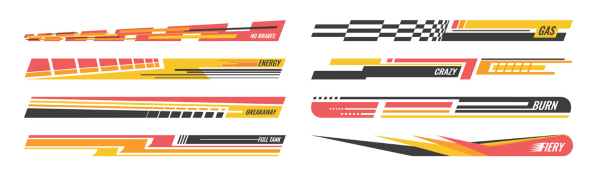 Sport racing stripe set. Vector red black speed line decals car wraps, motorcycle stickers, truck body modification. Motion graphics turbo power elements, finish line ribbons, vehicle styling.