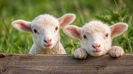 Obraz premium Pair of lambs peeking over wooden fence in green pasture. Farm animals in rural countryside setting during sunset.