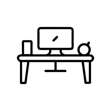 Office workstation icon with desktop monitor smartphone and apple on desk for productive business.