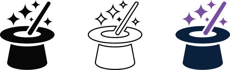 Naklejka premium Magic trick hat with magic wand and sparkling stars vector icon set on transparent background.