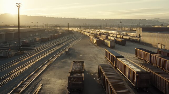Freight trains and cargo containers filling an industrial railyard at sunrise or sunset, creating a scene of extensive transportation logistics and global commerce