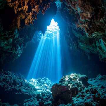 Underwater cave with sun rays shining through opening in the rock formation