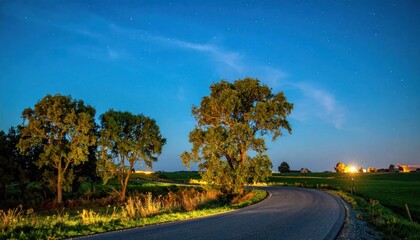 Fototapeta premium Serene Country Road at Twilight with Illuminated Trees.