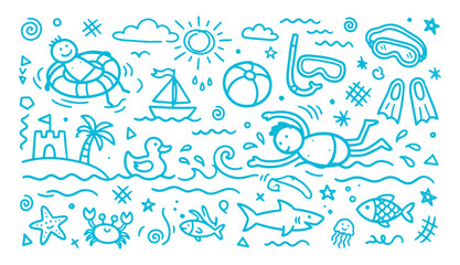 Summer beach and ocean doodle set featuring swimming people sea creatures and snorkeling gear in  line art style © Arshad
