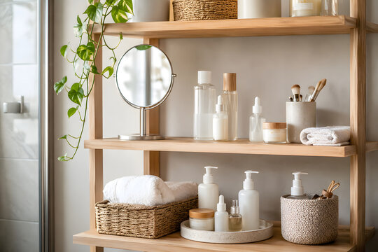 Organized bathroom skincare shelf with mirror towels baskets and natural wood decor