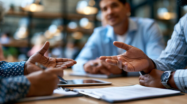 Hands of interviewer and candidate in serious professional meeting across organized desk one person speaking intently while other listens and takes structured notes contemporary