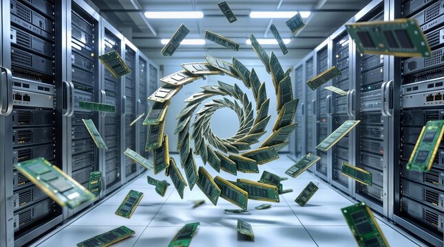 Swirling computer memory modules forming a tunnel in a data center aisle. Dynamic hardware components floating between server racks in a surreal tech concept.