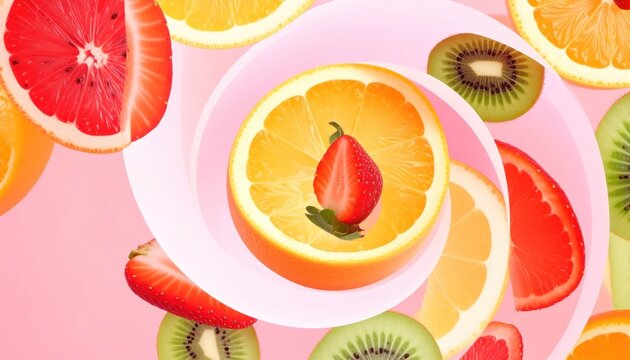 Colorful Fresh Fruit Slices Arranged on Pink Background