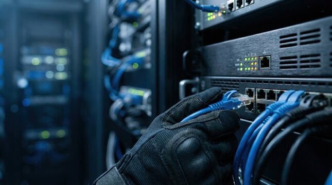 Careful hands plugging and unplugging network cables in firewall server rack