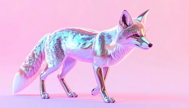 Colorful Futuristic Fox Standing on Pink Studio Background