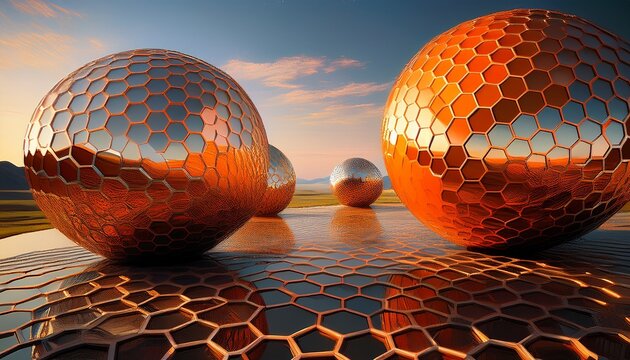 an abstract and surreal landscape featuring large orange and silver spherical objects with honeycomb textures