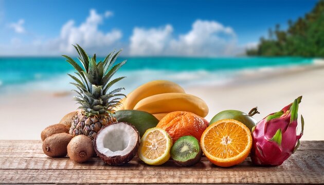 assorted tropical fruits on a wooden table with a beach background