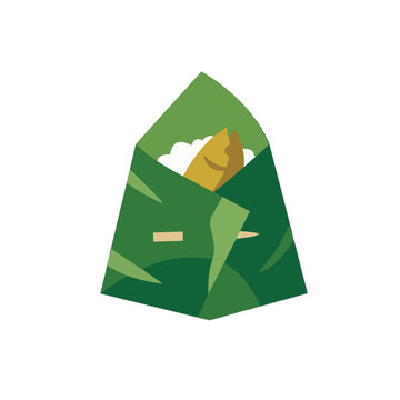 Traditional Malaysian Nasi Lemak Bungkus Illustration, Coconut Rice and Fried Fish Wrapped in a Green Banana Leaf, Isolated on White Background