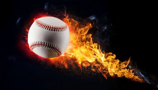 flaming softball ball in mid air with sparks and smoke on black background