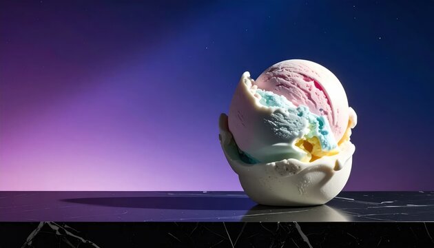 Colorful Ice Cream Scoops Resting in White Bowl on Reflective Studio Surface