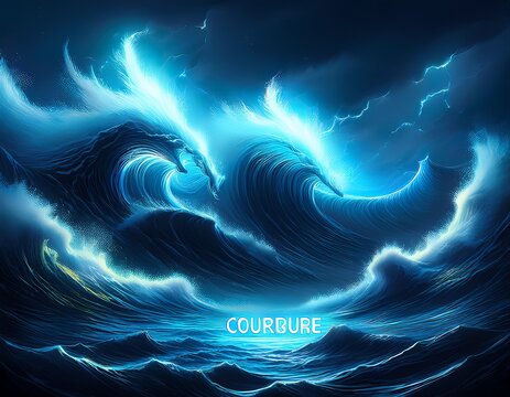 powerful ocean waves in a dark stormy sea with the word courage illuminated in glowing blue symbolizing strength and bravery against adversity