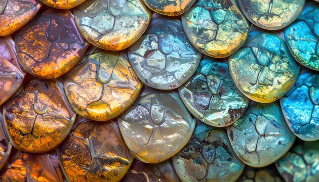 Colorful Iridescent Fish Scales Overlapping in Abstract Macro Texture
