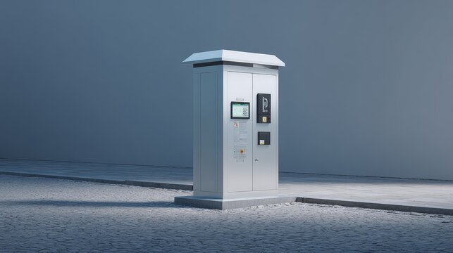 Modern automatic parking payment machine standing on a cobblestone street sidewalk, offering a convenient solution for managing vehicle access and tariffs in an urban setting
