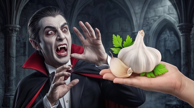 Vampire recoiling from garlic bulb held by hand in dark gothic castle. Cinematic portrayal of mythical creature showing fear and repulsion toward traditional repellent.