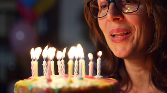 Mature Woman Wearing Glasses Blowing Out Burning Candles On Colorful Birthday Cake At Home Party