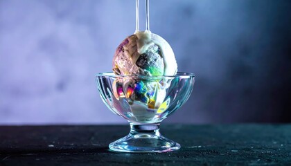 Naklejka premium Colorful Melting Ice Cream Scoop Sitting in Glass Dessert Bowl on Dark Table