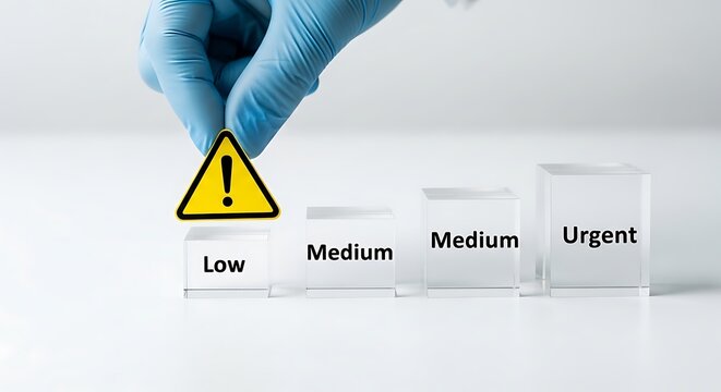 Risk assessment priority levels on glass blocks, gloved hand placing yellow warning icon on low medium urgent scale, medical triage concept