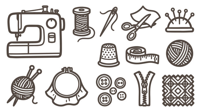 Vector illustration of various sewing and crafting tools on white background