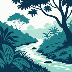 Scenic river landscape with lush vegetation stylized vector illustration high quality © hhh