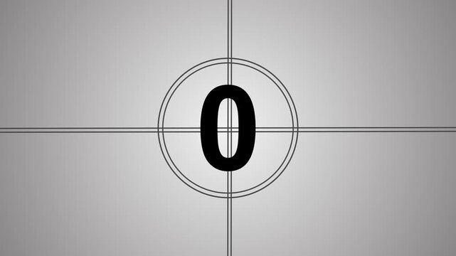 4k Countdown movie from 7 to 0 number. Old film movie timer counting in grey retro style. Vintage video timer, retro cinema animation. Grey background, digital circular animation from 10 to 0 seconds