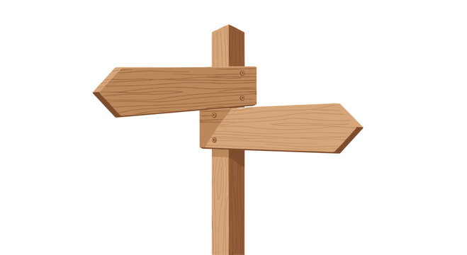 A smooth-surfaced wooden directional signpost with two blank planks pointing in opposite directions is isolated on a plain white background with flat lighting.