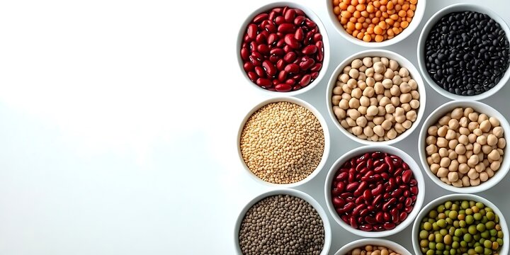 Bowls of assorted beans and legumes create a colorful healthy food background.
