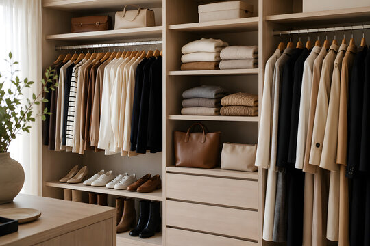 Elegant organized wardrobe with neutral clothing shoes handbags and folded sweaters