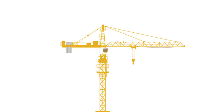A single yellow tower crane used for heavy lifting and building construction projects is isolated against a plain white background.