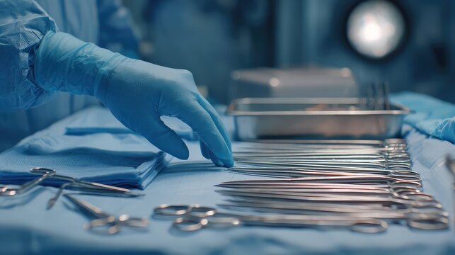 Surgeon in blue gown and gloves arranging sterile clamps, scissors and forceps on a blue drape in an operating room, highlighting meticulous preparation and clinical precision