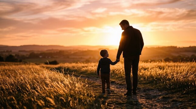 Father's day silhouette dad and son walking in golden field at sunset