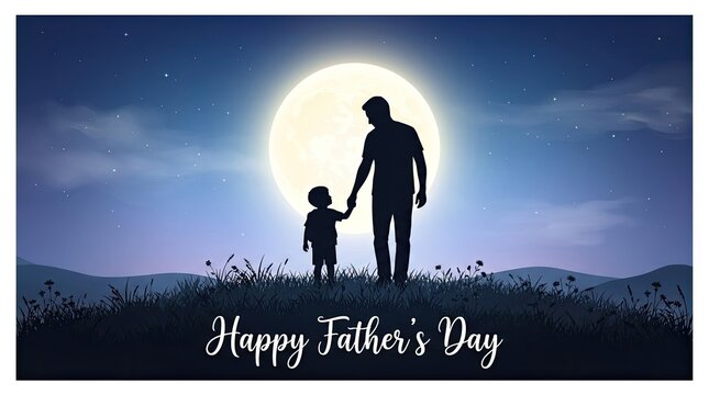 Father's day silhouette dad and son walking at night with full moon