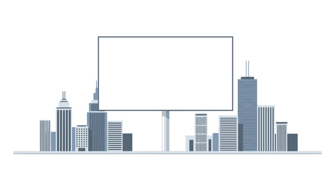 A wide blank horizontal advertising hoarding is centered between two clusters of grey office buildings against a plain white background in a vector illustration.